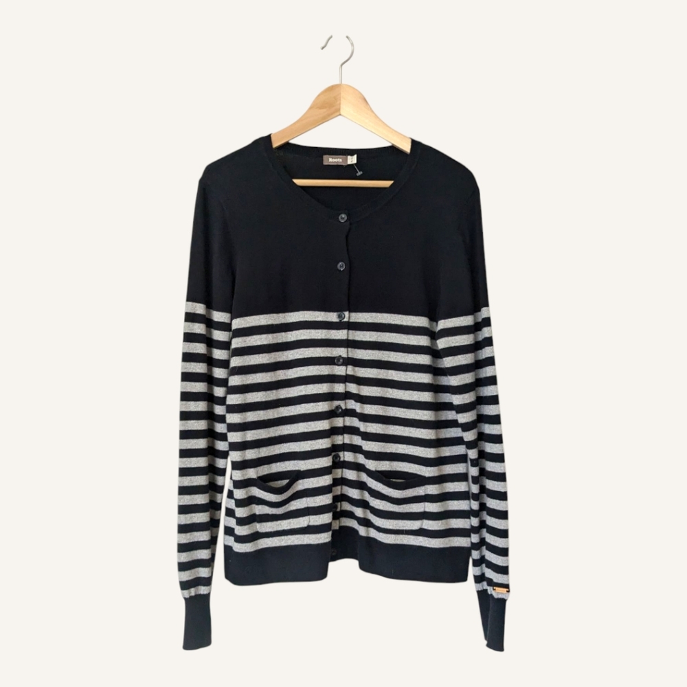 🖤🩶 Roots Cotton Cashmere Silk Striped Knit Cardigan, XL